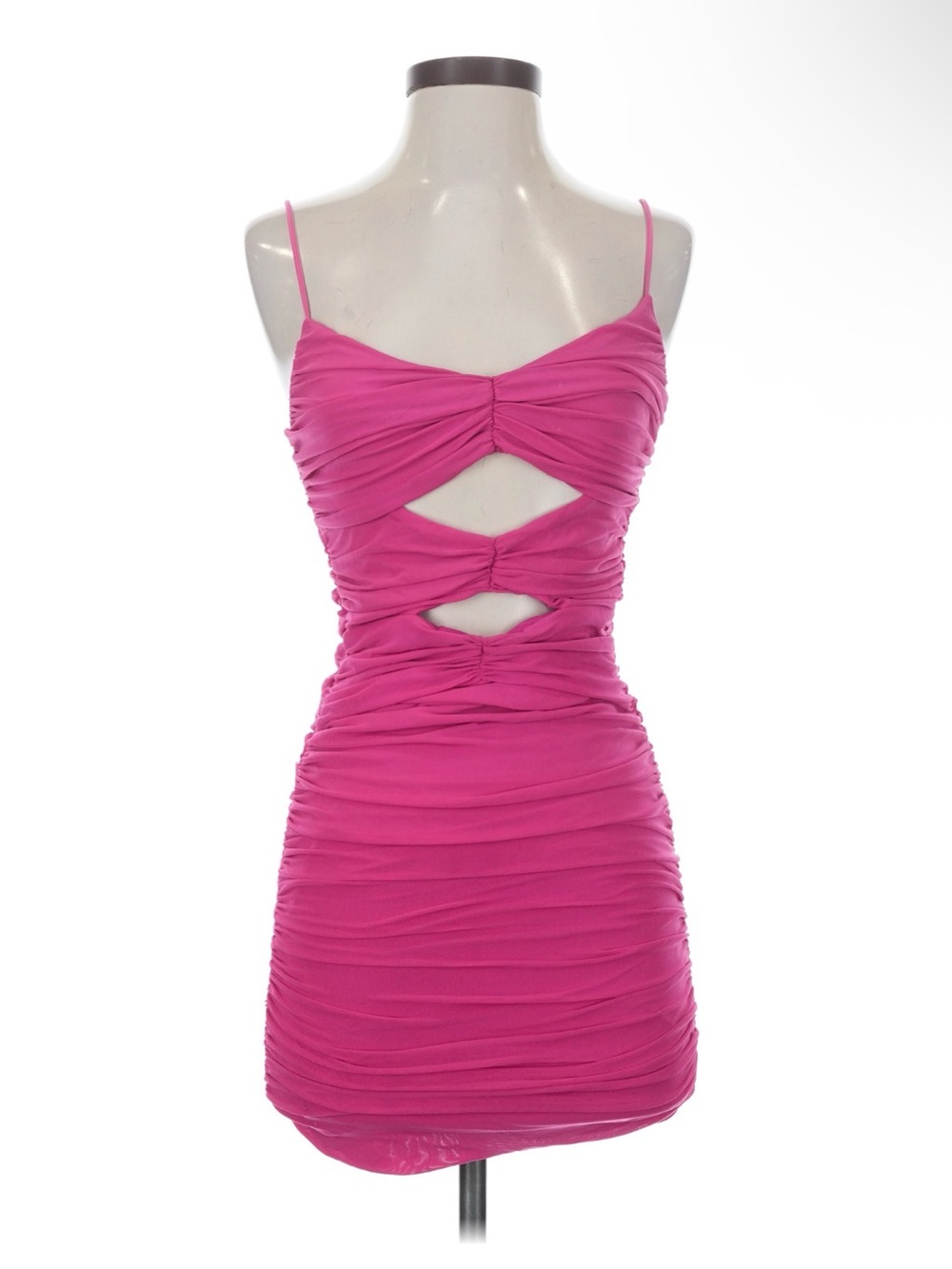 Oh Polly Fuchsia Ruched Cutout Spaghetti Strap Mini Dress